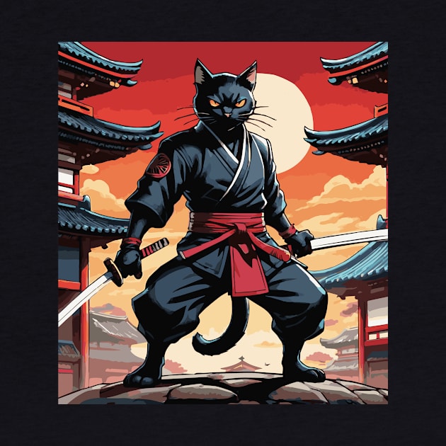 Obsidian Ninja: Black Cat Warrior in Fiery Red Attire by Arcanum Luxxe Store